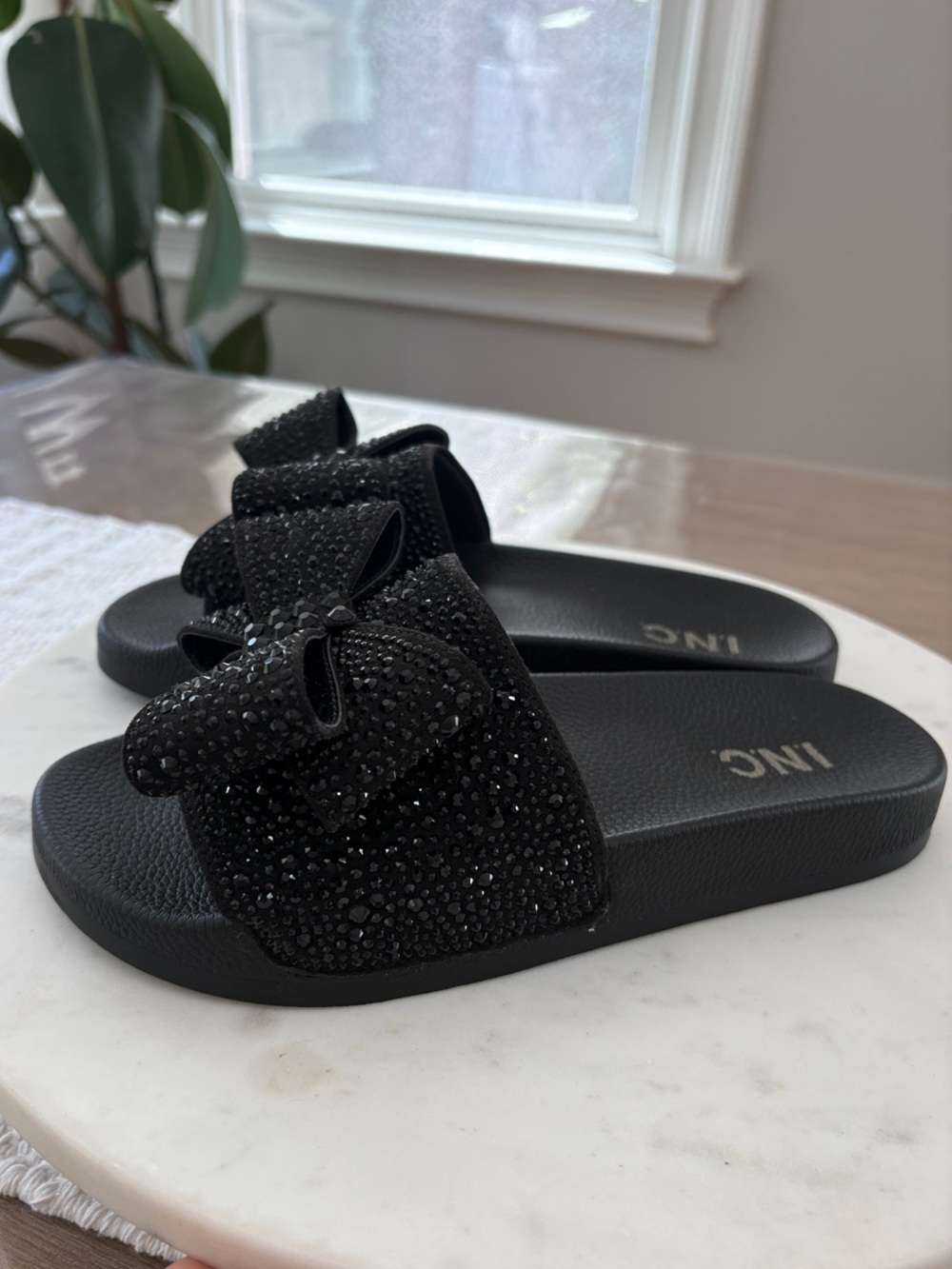 INC International Concepts Black Embellished Bow Slide Sandals - Picture 4 of 11